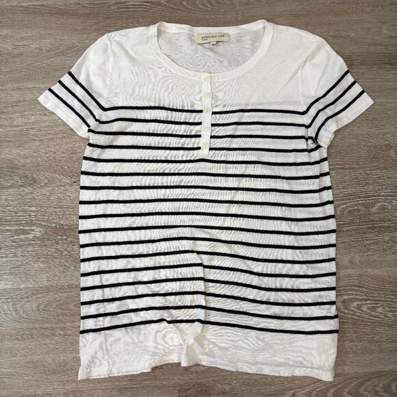Jones New York Sport Henley Top Size L Striped Cap Sleeves Cotton Blend - Picture 1 of 7